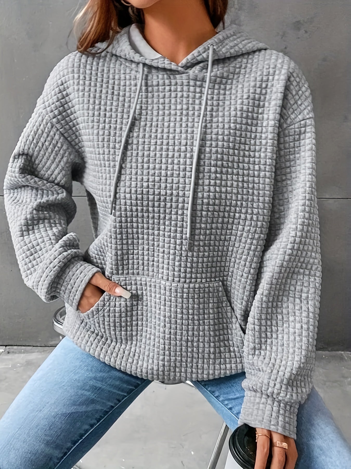 Waffle Grid Kangaroo Pocket Hoodie, Casual Long Sleeve Drawstring Hoodies Sweatshirt