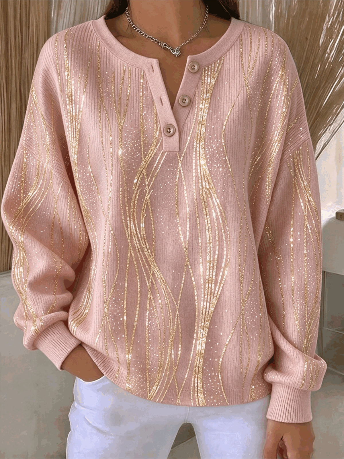 Stripe Buckle Henley Collar Sweatshirt