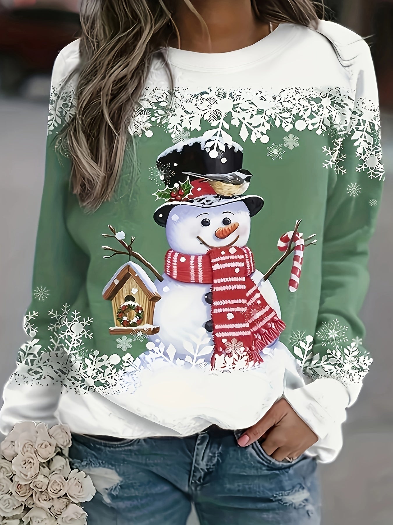 Christmas Snowman Print Sweatshirt, Casual Long Sleeve Crew Neck Sweatshirt