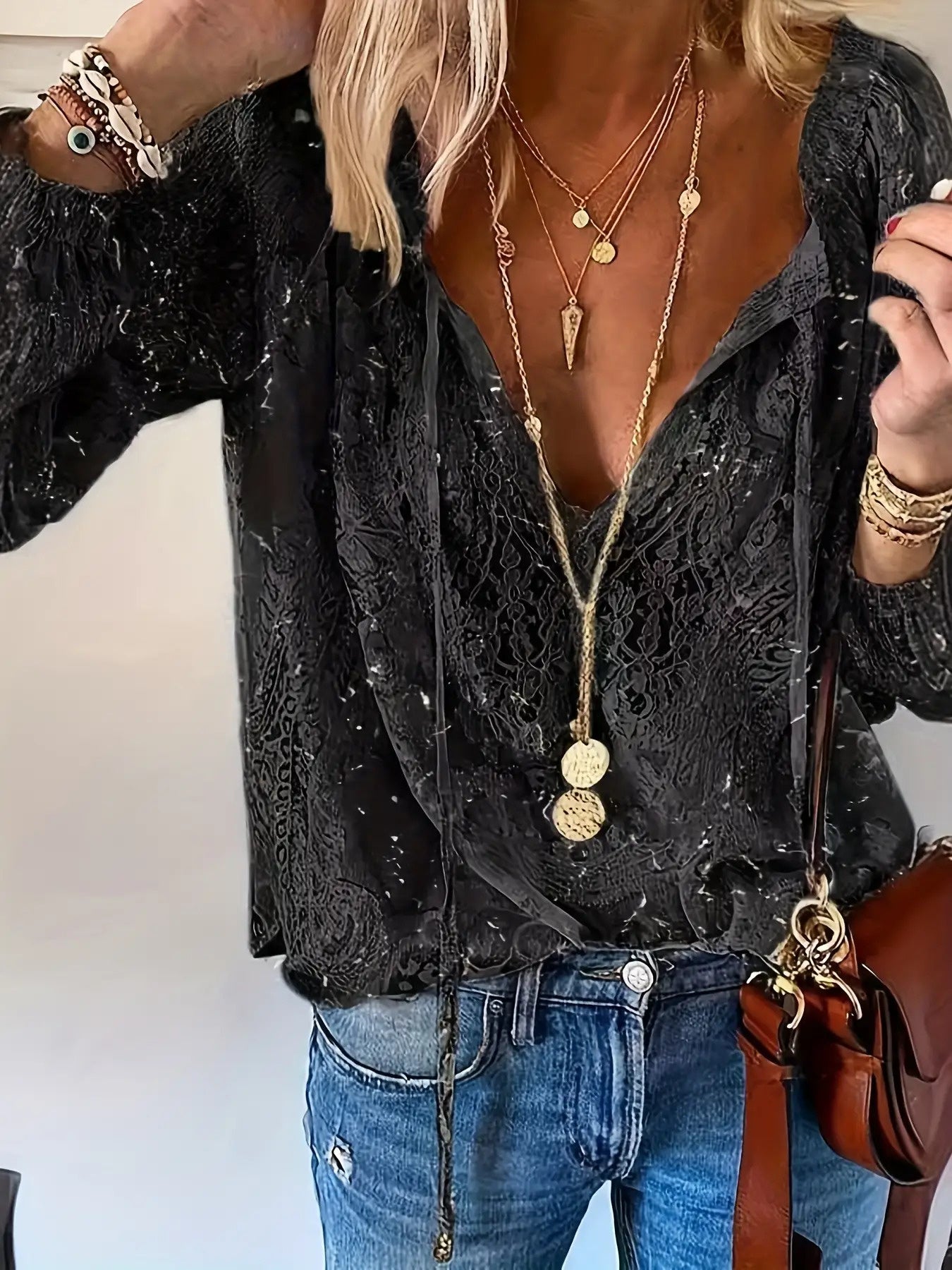 Elegant Lace Long Sleeve Bell Shirt with Contrast Lace Trim