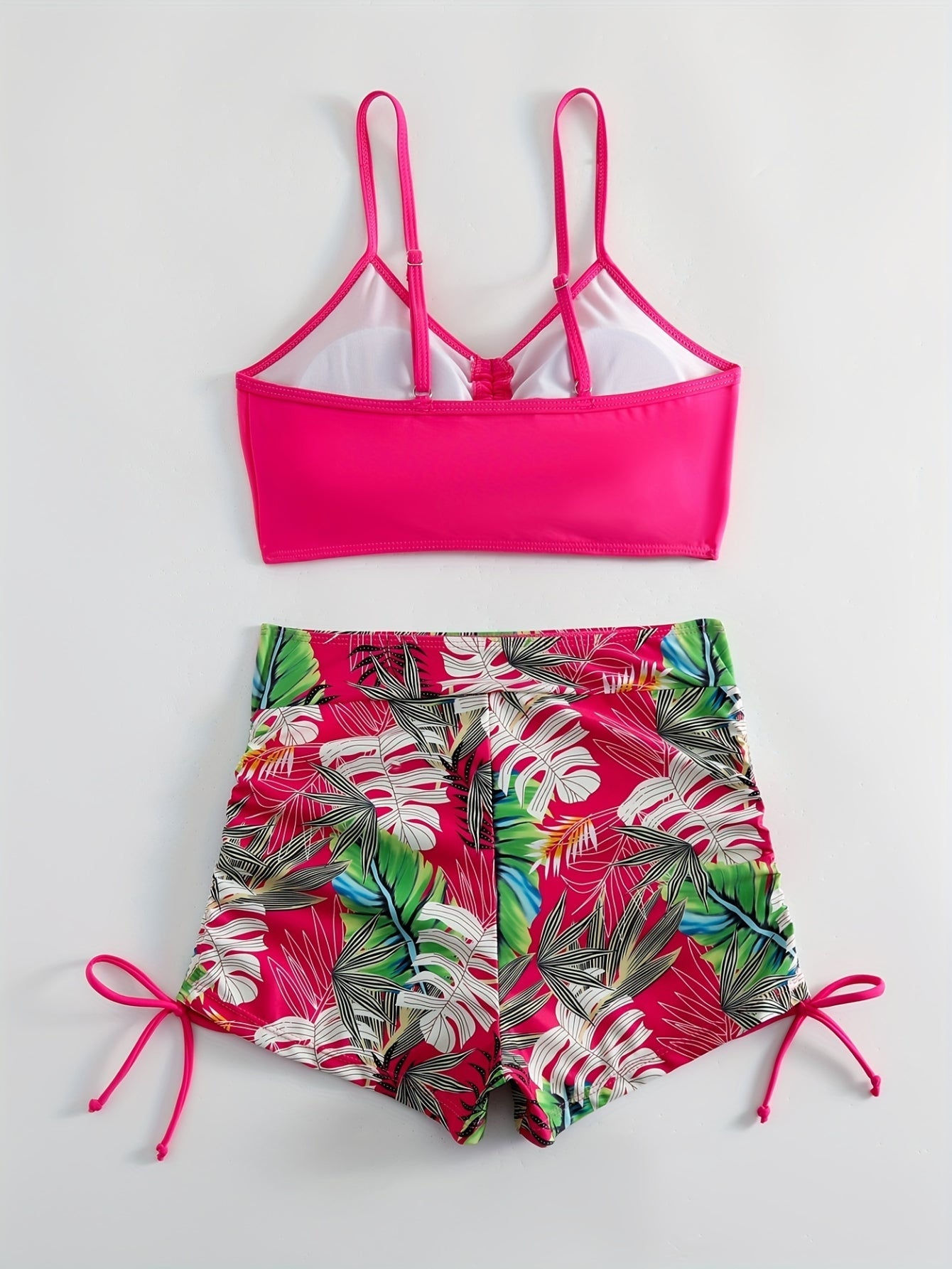 Tropical Leaf Print V Neck High Waist Bikini Sets, Drawstring Spaghetti Straps Boxer Short Bottoms Two Pieces Swimsuit