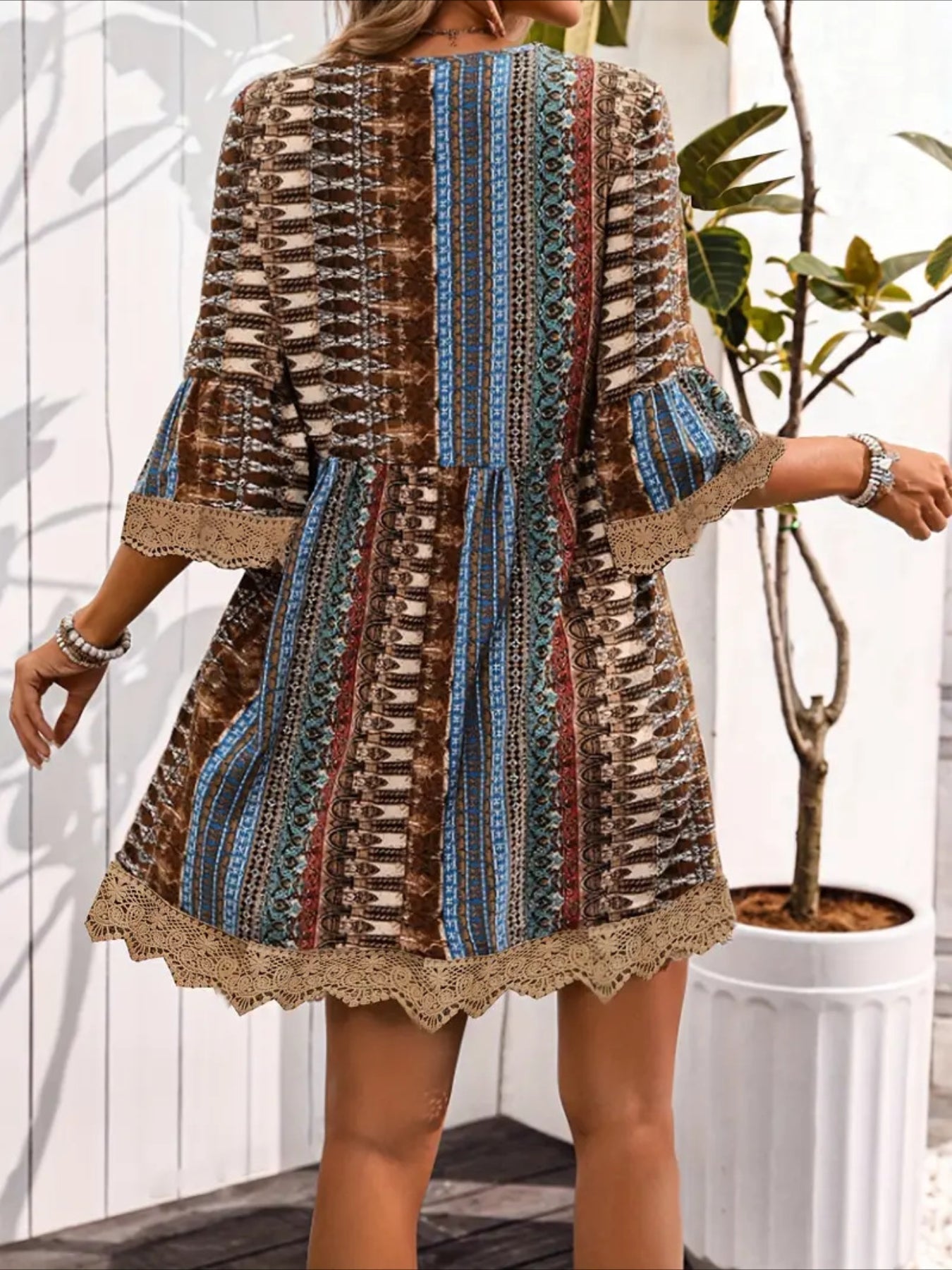 3/4 Sleeve Striped V-neck Trapeze Dress