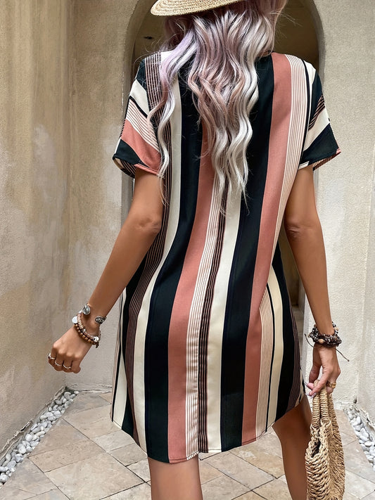 Striped Notched Neck Dress, Casual Short Sleeve Dress