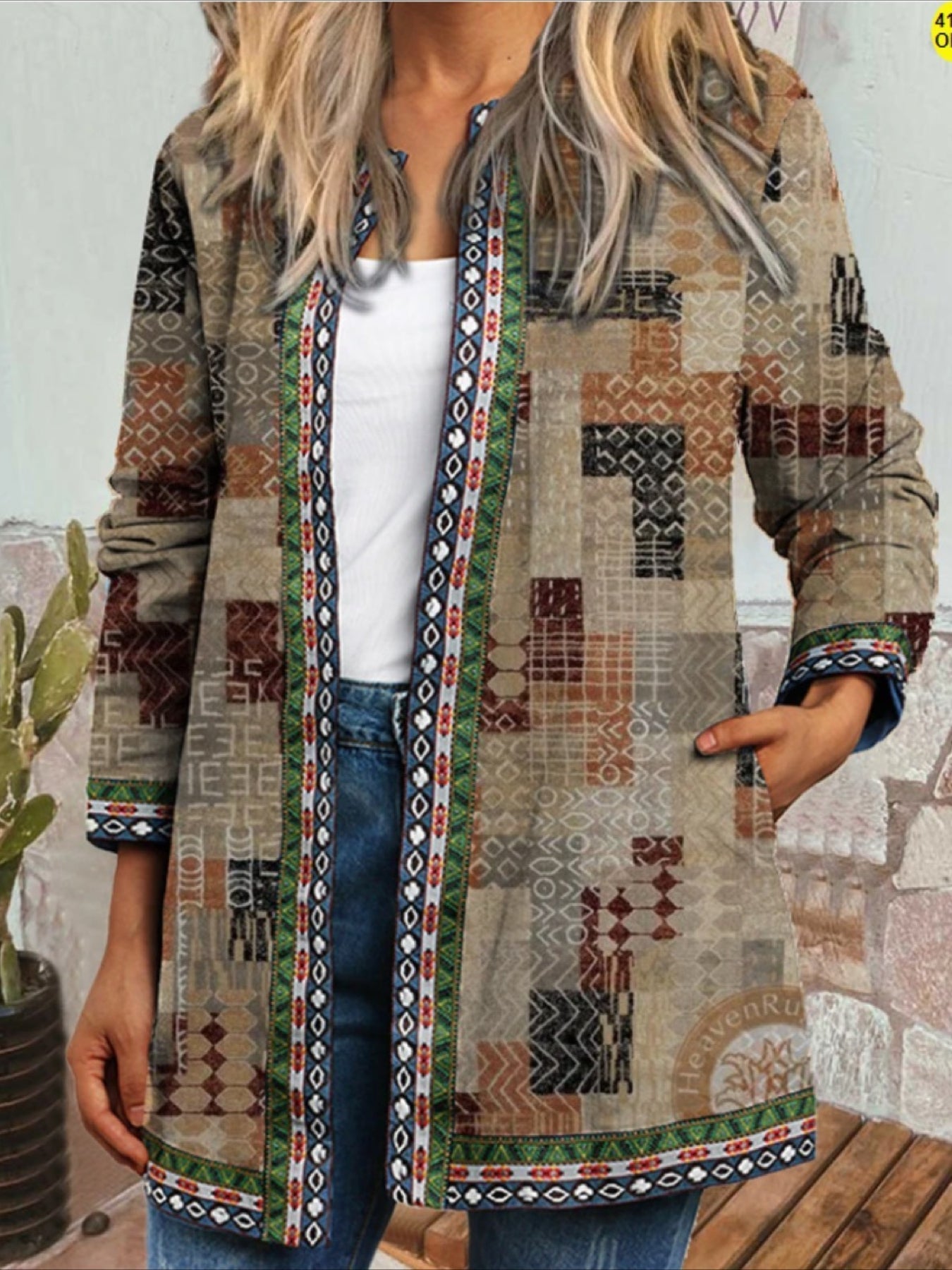 Floral Pattern Top, Elegant Open Front Long Sleeve Top