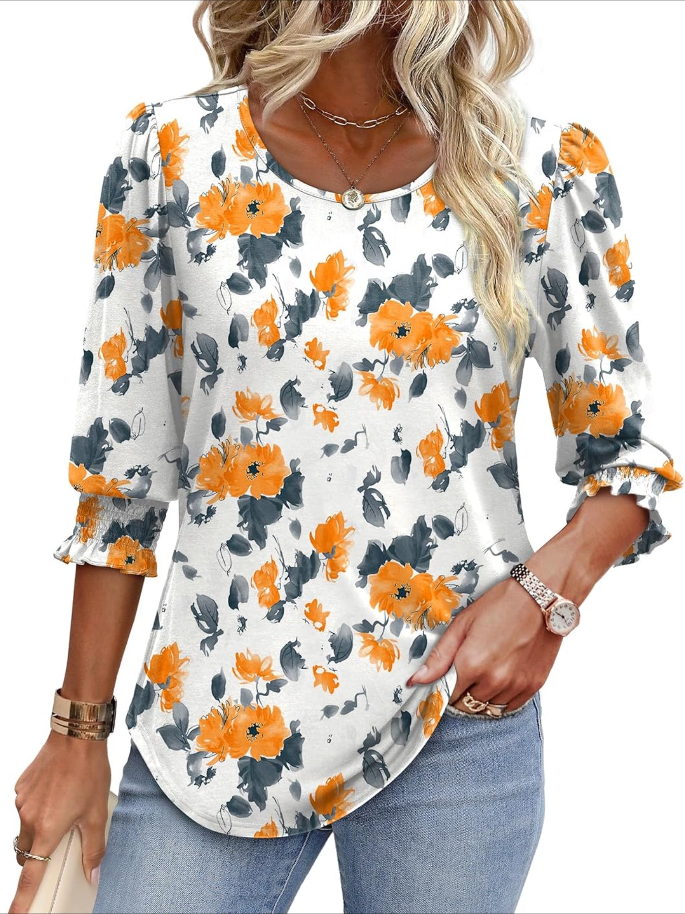 Casual 3/4 Length Sleeve Blouses with Smocked Cuffs