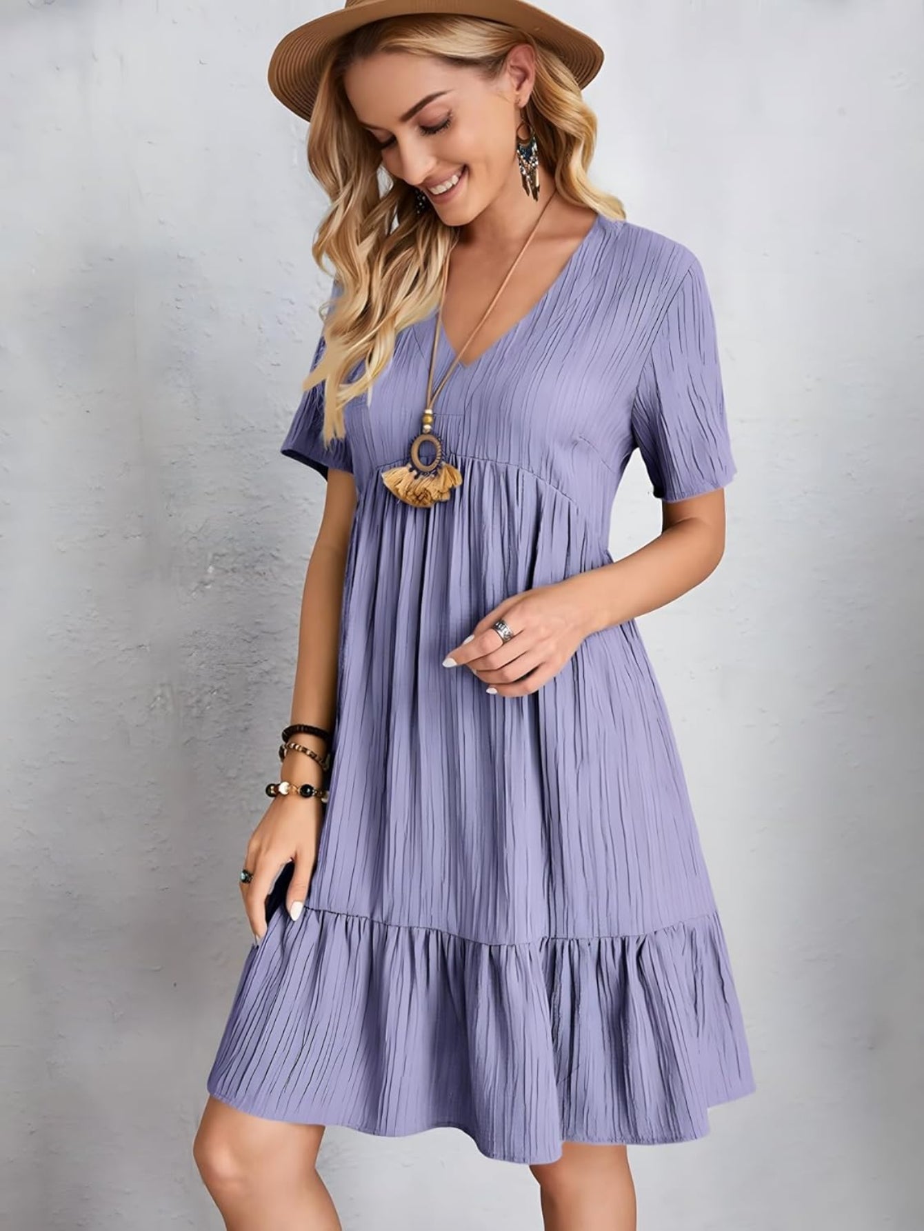 Short Sleeve V Neck Ruffle Mid Dress