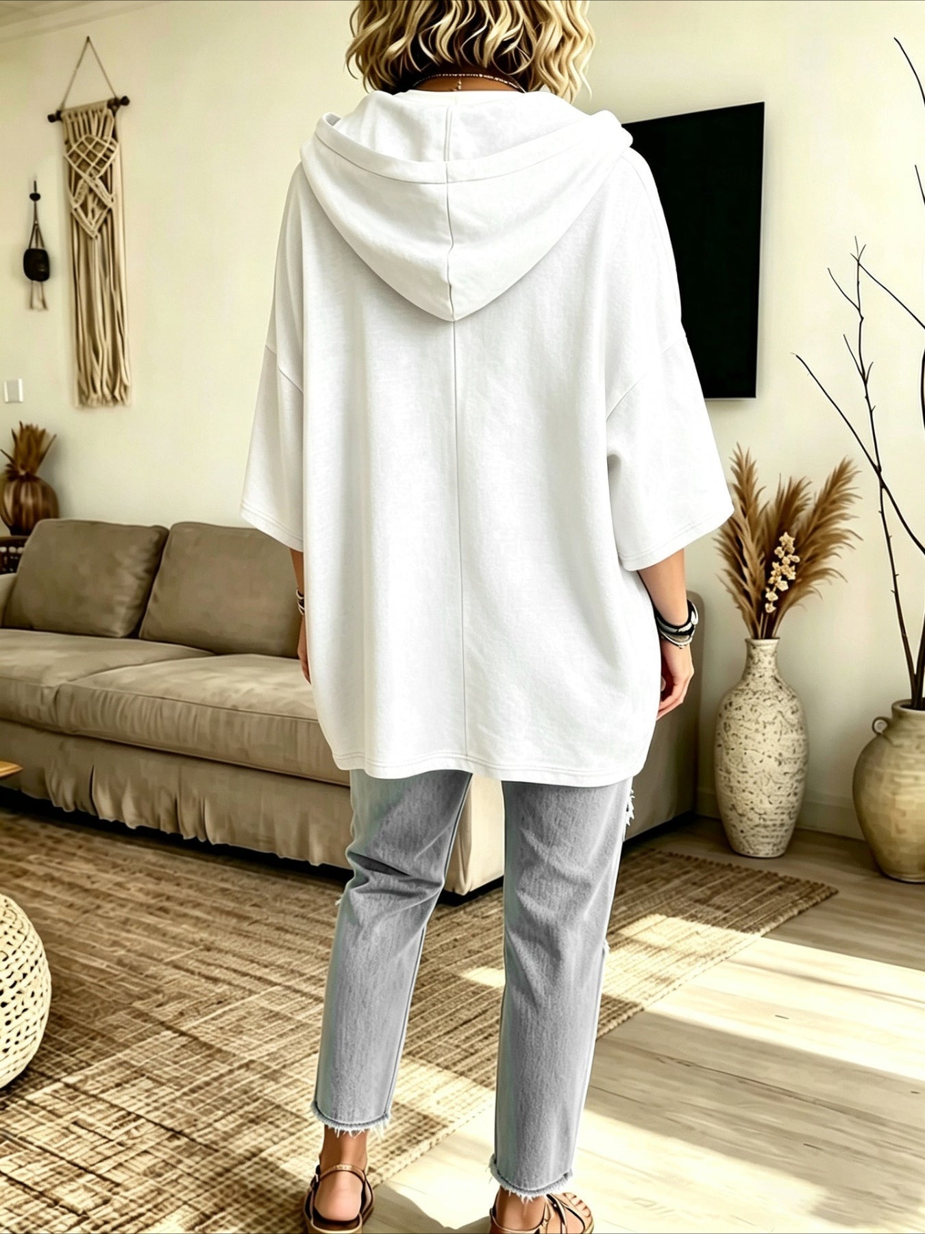 Seven-quarter Sleeves Solid Color Casual Hooded Sweatshirt