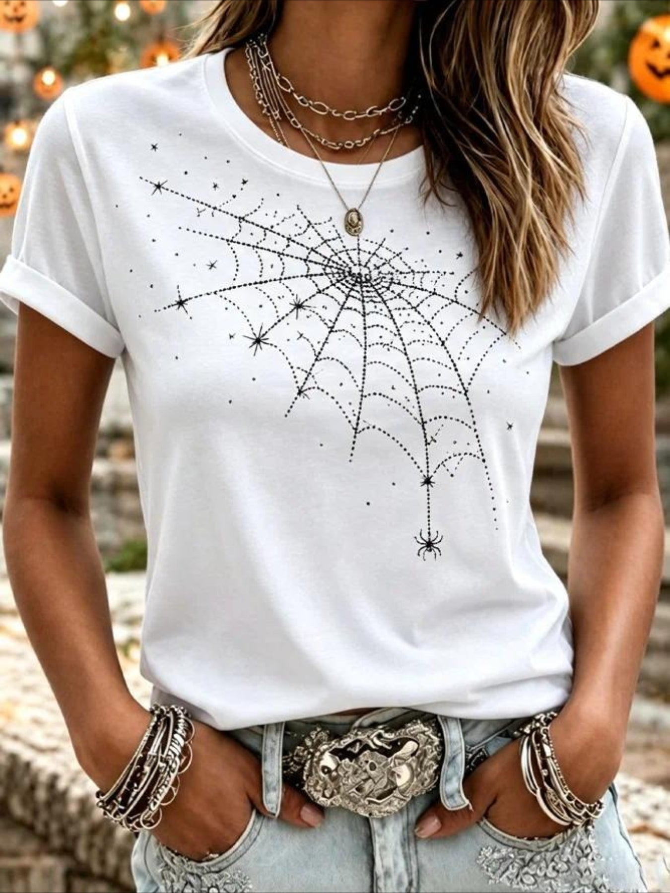100% Cotton Spider Web Pattern Crew Neck Short Sleeve T-Shirt