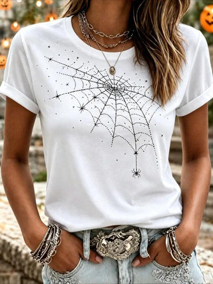 100% Cotton Spider Web Pattern Crew Neck Short Sleeve T-Shirt