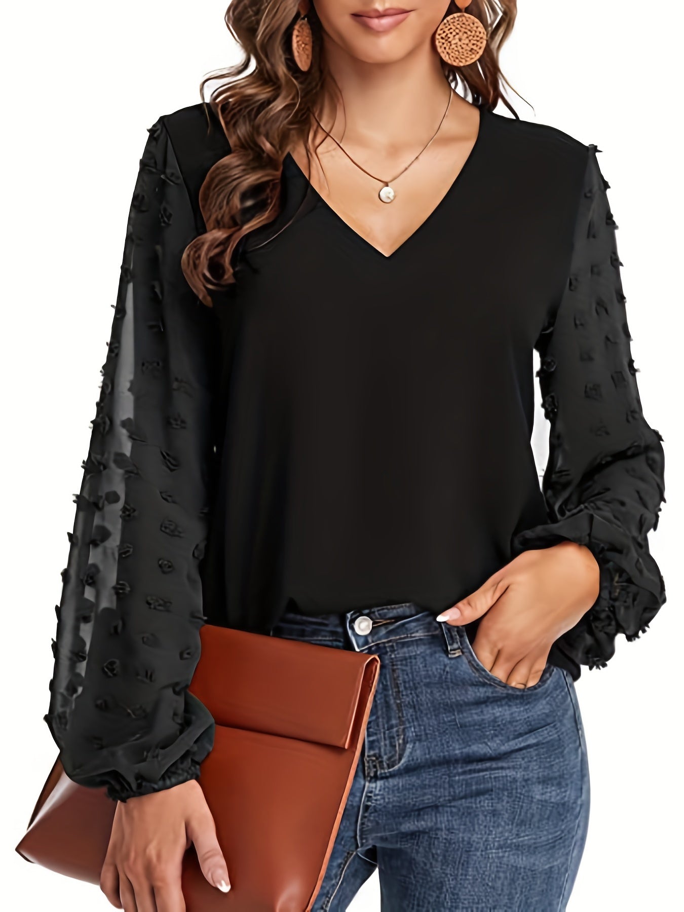 Swiss Dot Sleeve Shirt, Casual V Neck Solid Shirt