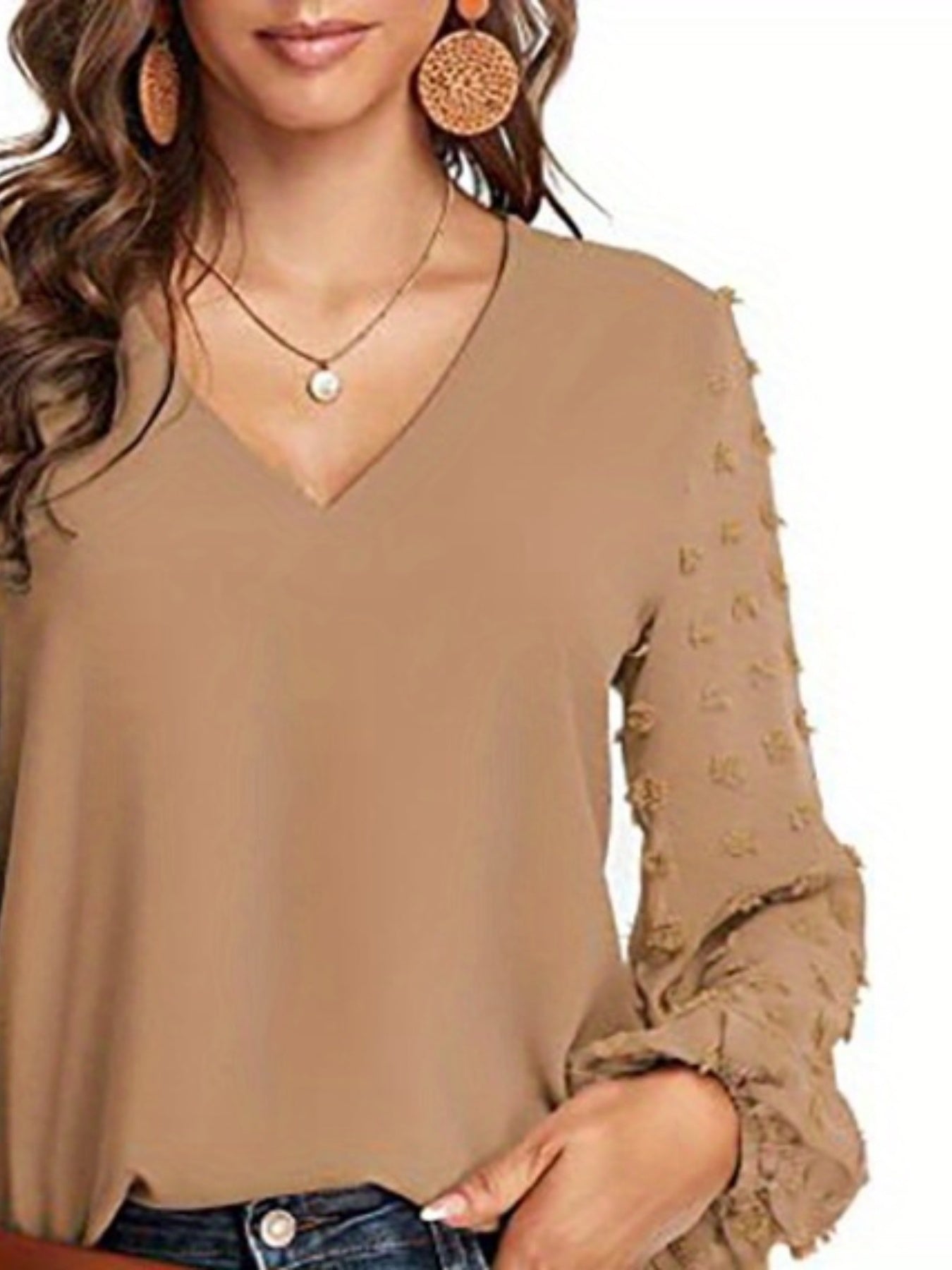 Swiss Dot Sleeve Shirt, Casual V Neck Solid Shirt