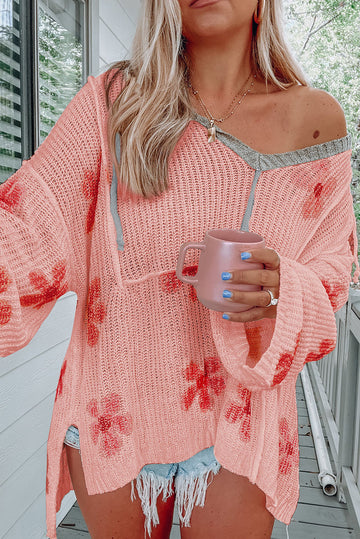 Floral Print Lightweight Knit Hooded Sweater