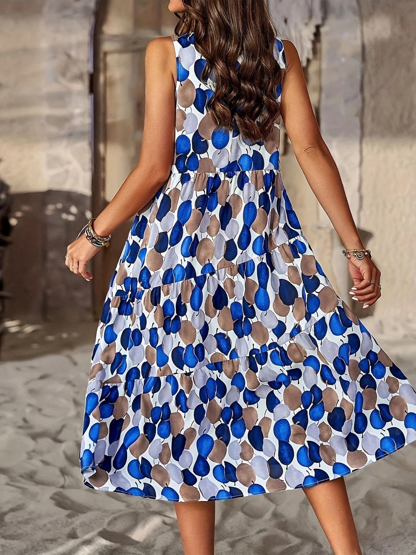 Allover Print Crew Neck Tank Dress, Casual Sleeveless Flowy Dress