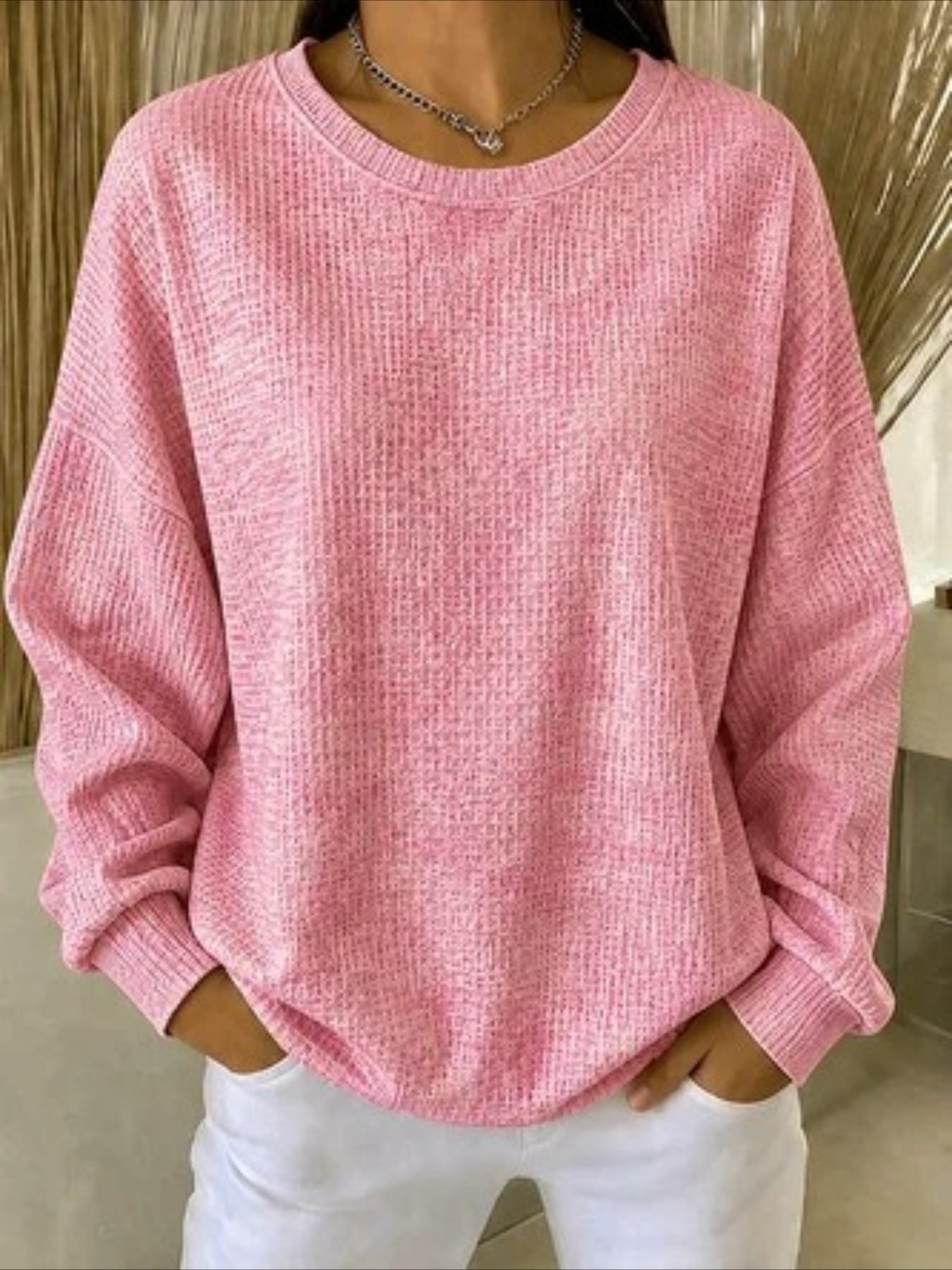 Casual Crew Neck Sweater Waffle Sweatshirt