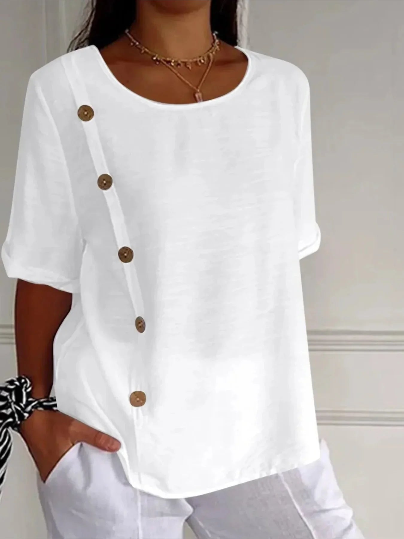 Elegant Solid Color Casual Loose Fit Crew Neck Shirt
