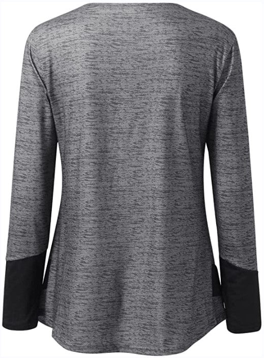 Color Block Button T-Shirt, V Neck Long Sleeve T-Shirt, Casual Every Day Tops