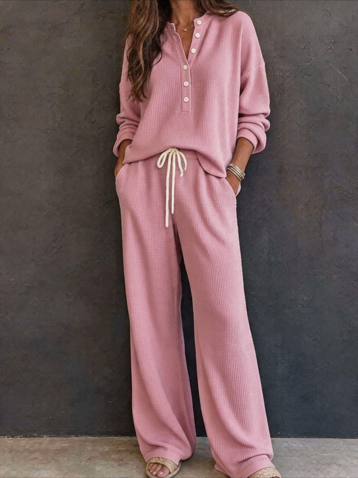 Waffle Knit Button Detail Top and Pants Set