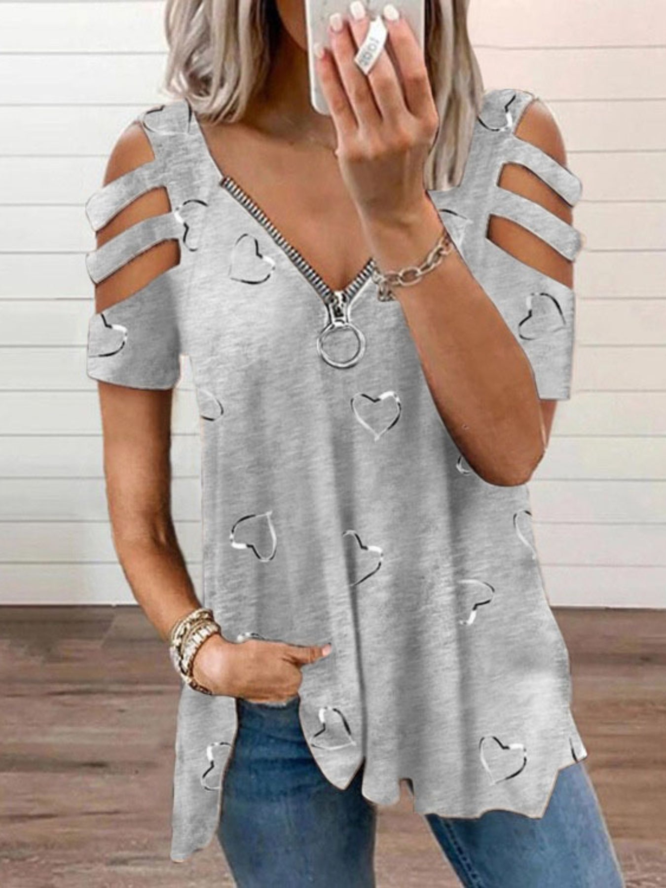 Women's Heart Print Cut Out T-Shirt with Zipper V Neck and Short Sleeves - Casual Everyday Top for Comfort and Style