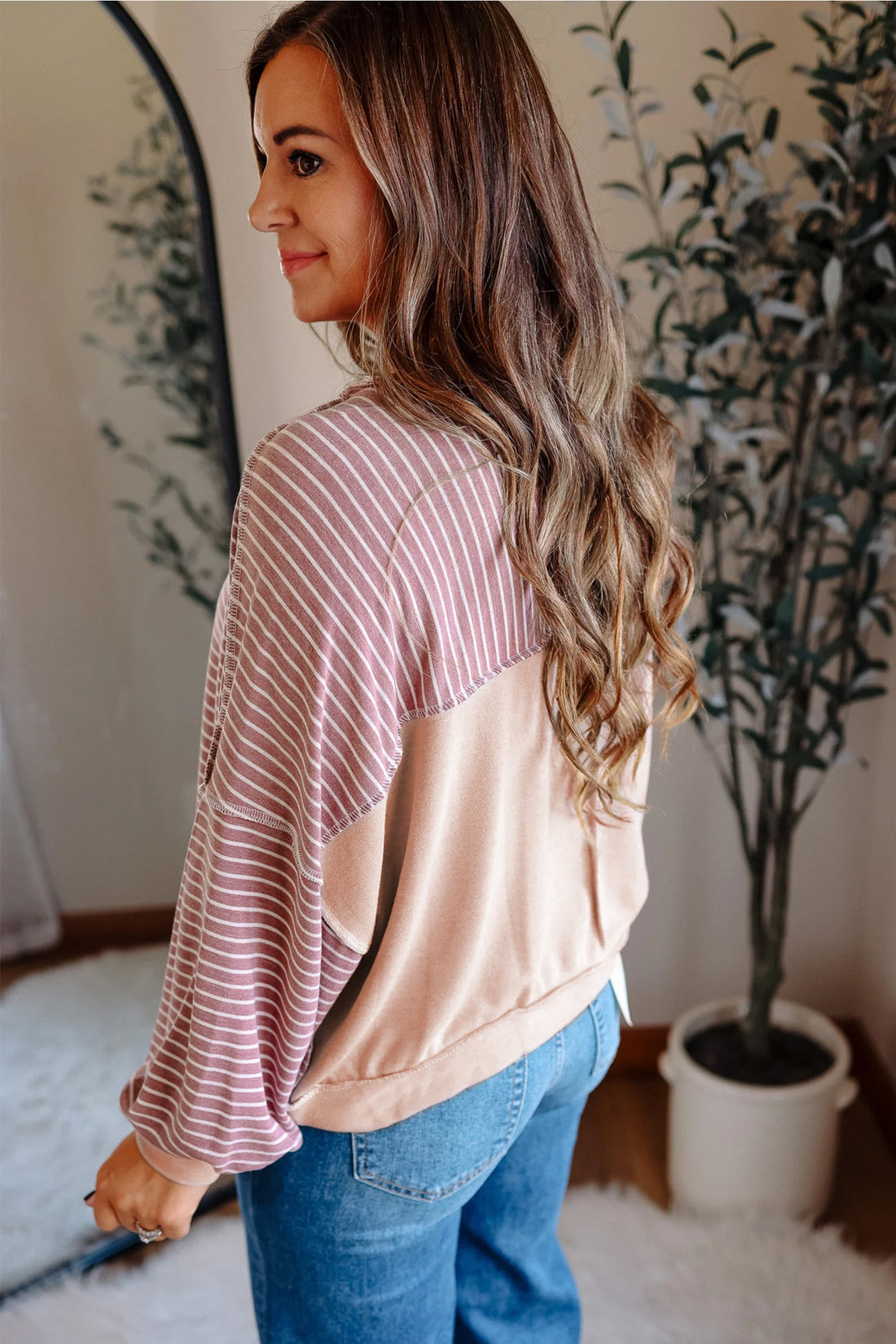 Pink Stripe Exposed Stitching Patchwork Casual Long Sleeve Top