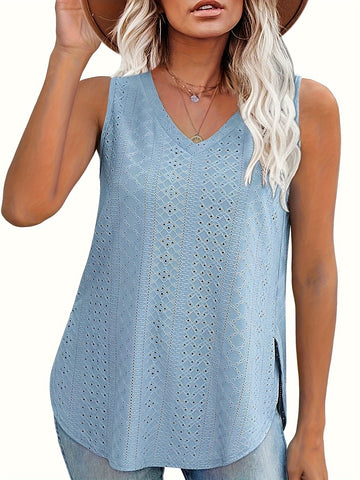 Plus Size Solid Eyelet Slit Tank Top, Casual V Neck Sleeveless Top