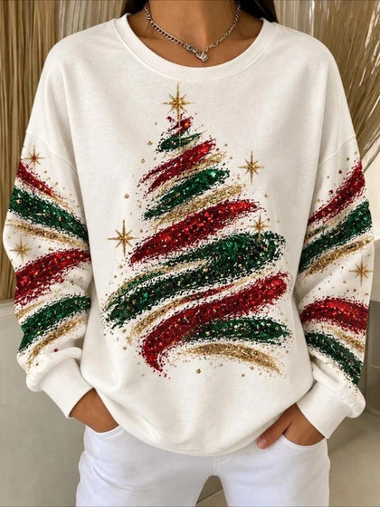 Crew Neck Long Sleeve Vintage Sparkly Christmas Tree Sweatshirt