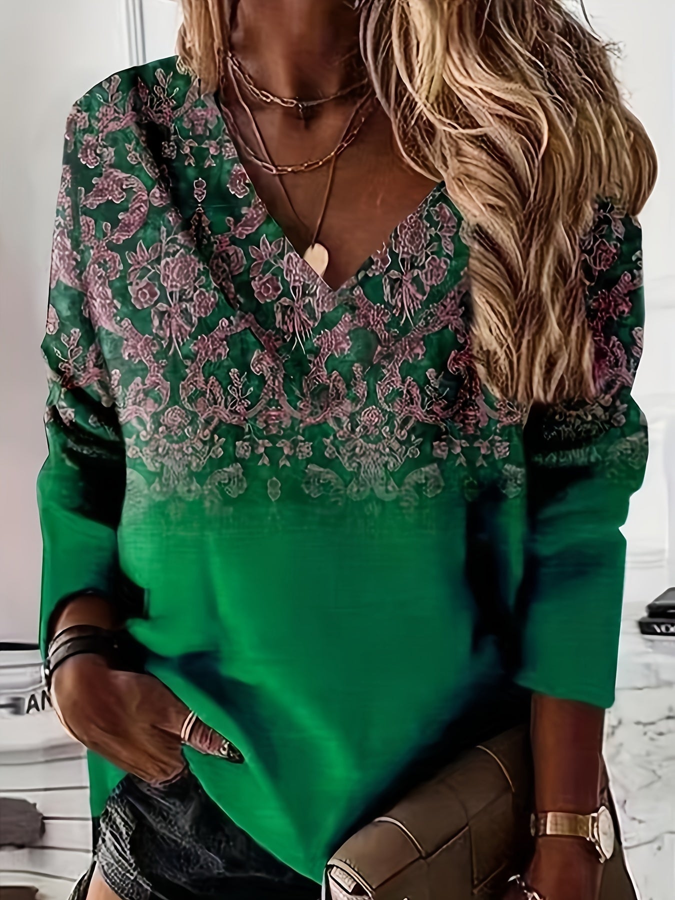 Floral Print Pullover Sweatshirt, Casual Long Sleeve V-neck Sweatshirt