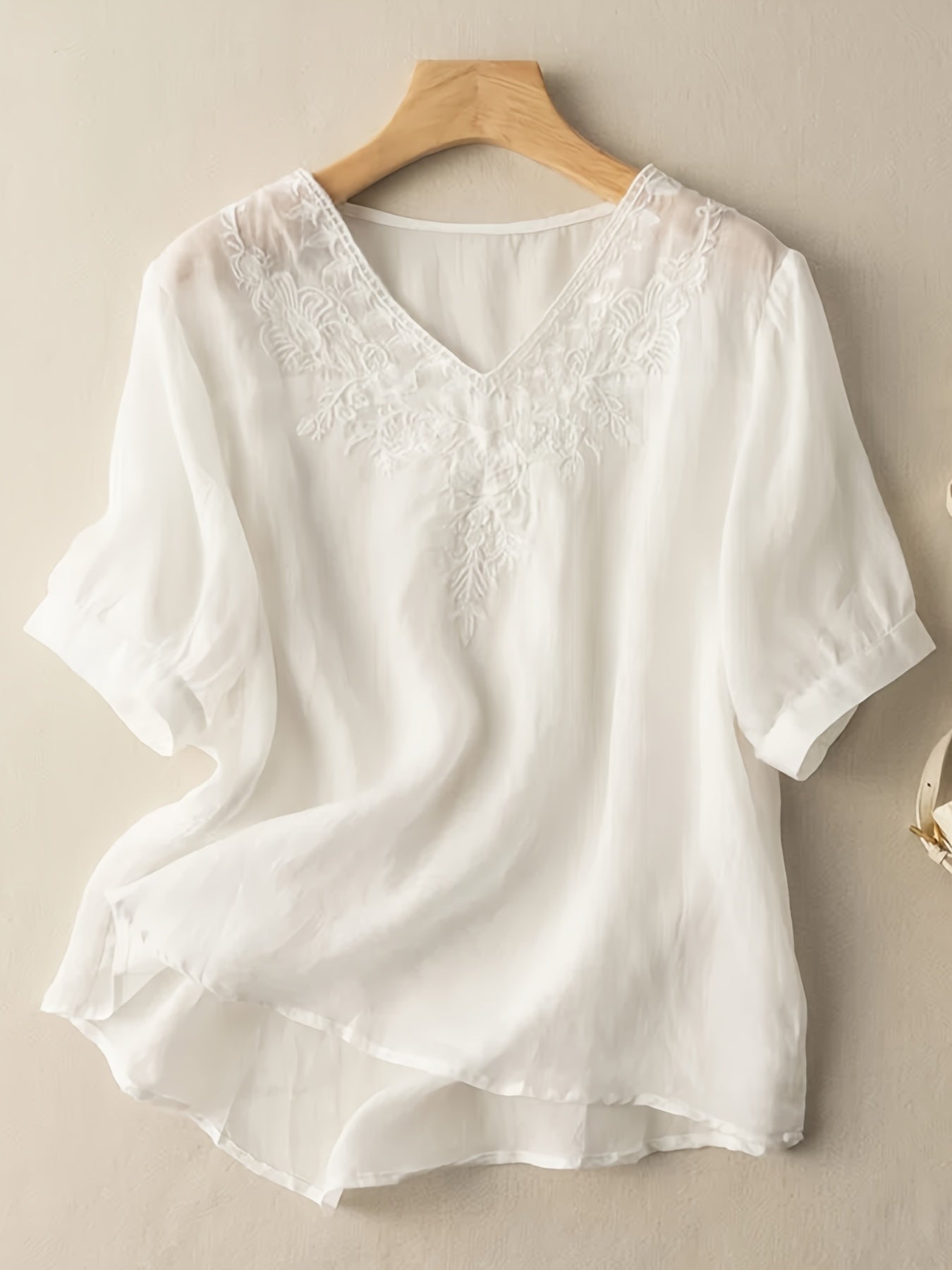 Floral Embroidery V Neck T-shirt, Vintage Half Sleeve Cotton Loose T-shirt