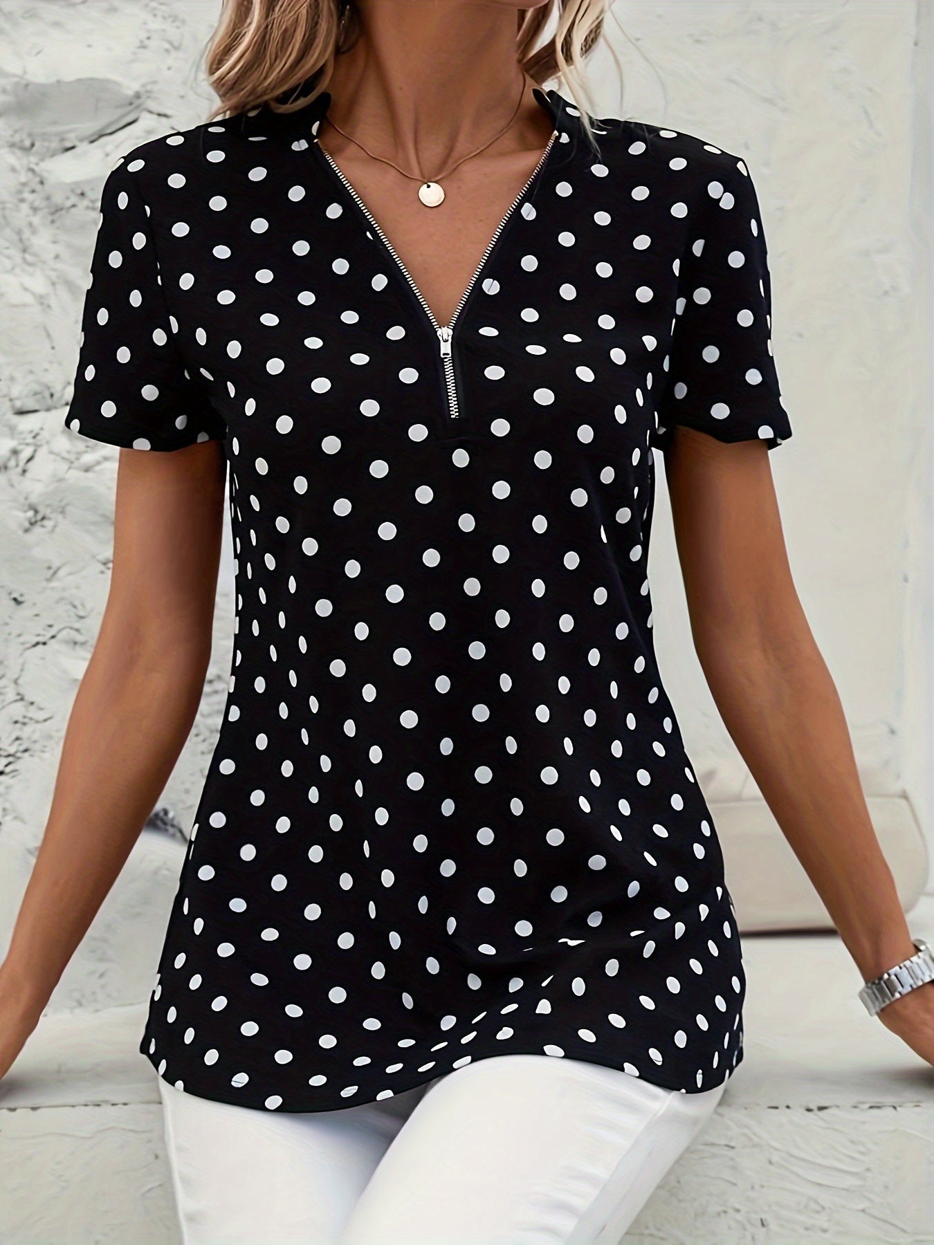 Polka Dots Print V Neck Blouse, Elegant Zipper Front Short Sleeve Blouse