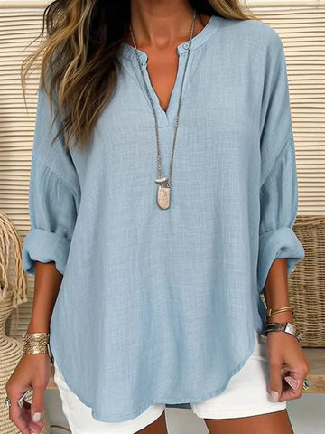 Solid Color Notched Neck Blouse, Elegant Long Sleeve Blouse