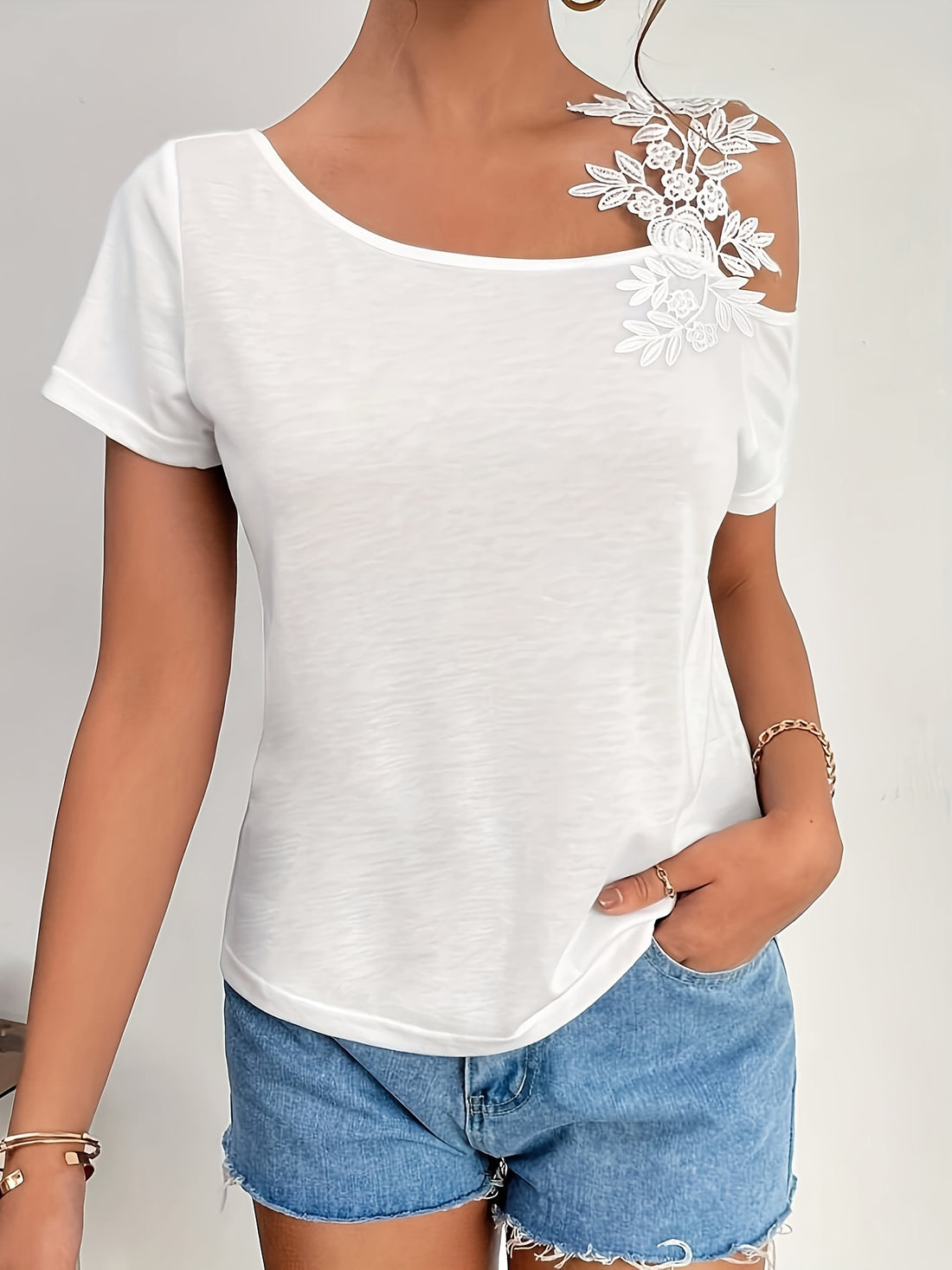 Women's Guipure Lace Asymmetrical Neck Short Sleeve T-Shirt