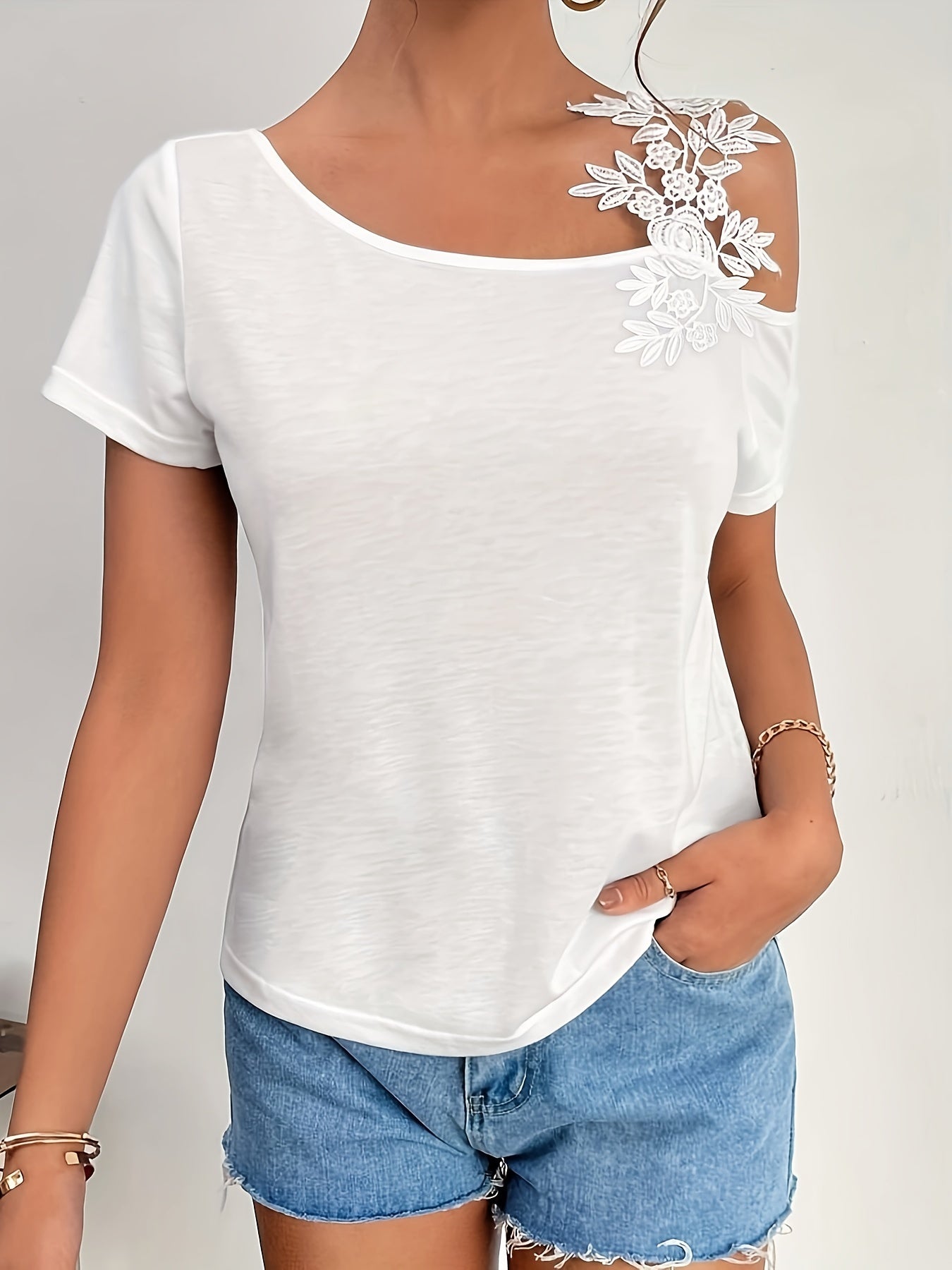 Women's Guipure Lace Asymmetrical Neck Short Sleeve T-Shirt