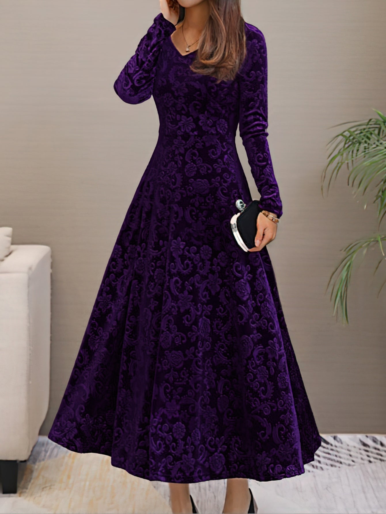 Solid Color Long Sleeve Dress, Elegant V Neck Flared Dress