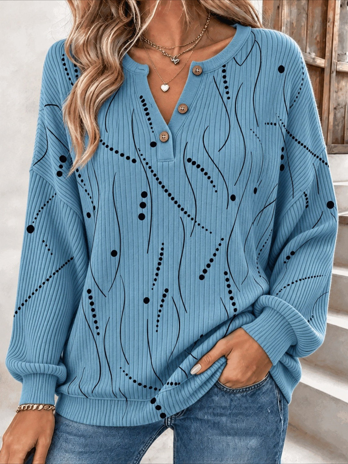 Regular Fit Casual Henley Collar Abstract Stripes Sweatshirt