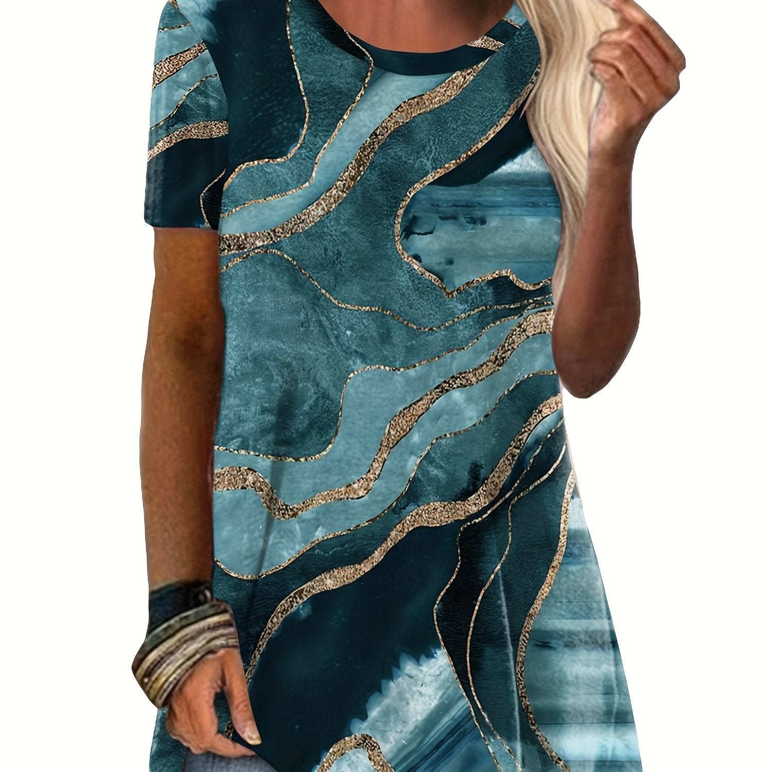 Marble Print Crew Neck T-shirt, Casual Short Sleeve Summer Mid Length T-shirt