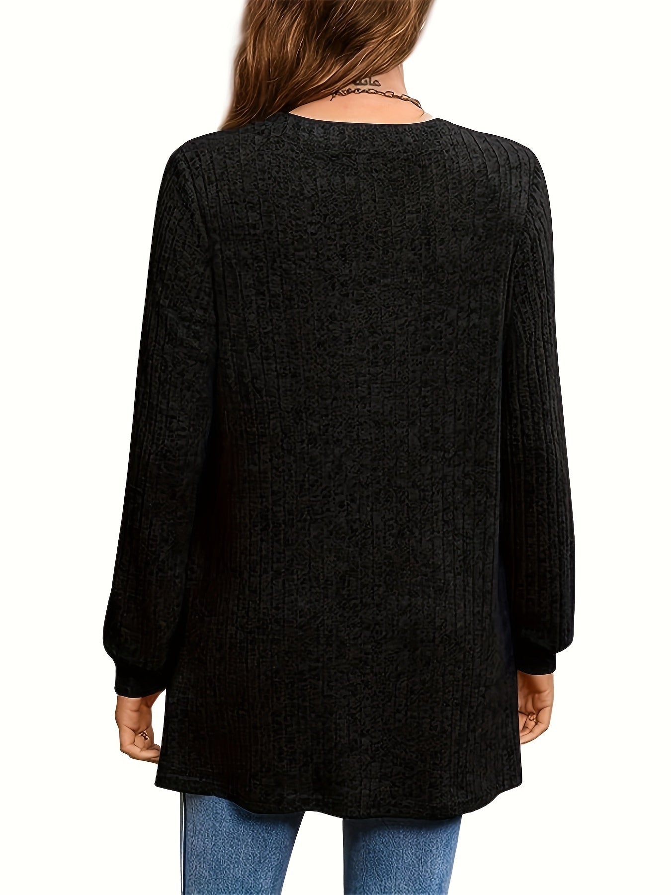 Solid Notched Neck Simple Tunics, Versatile Long Sleeve Top