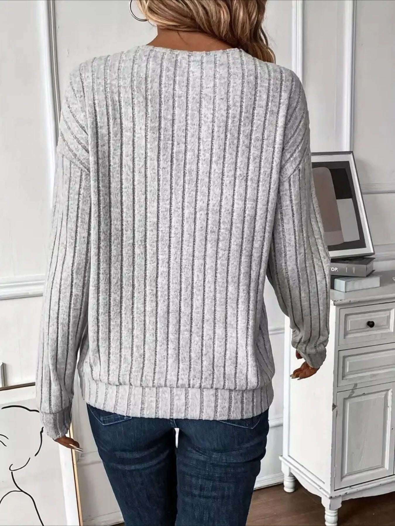 Solid Color V Neck T-Shirt, Casual Long Sleeve Ribbed Top