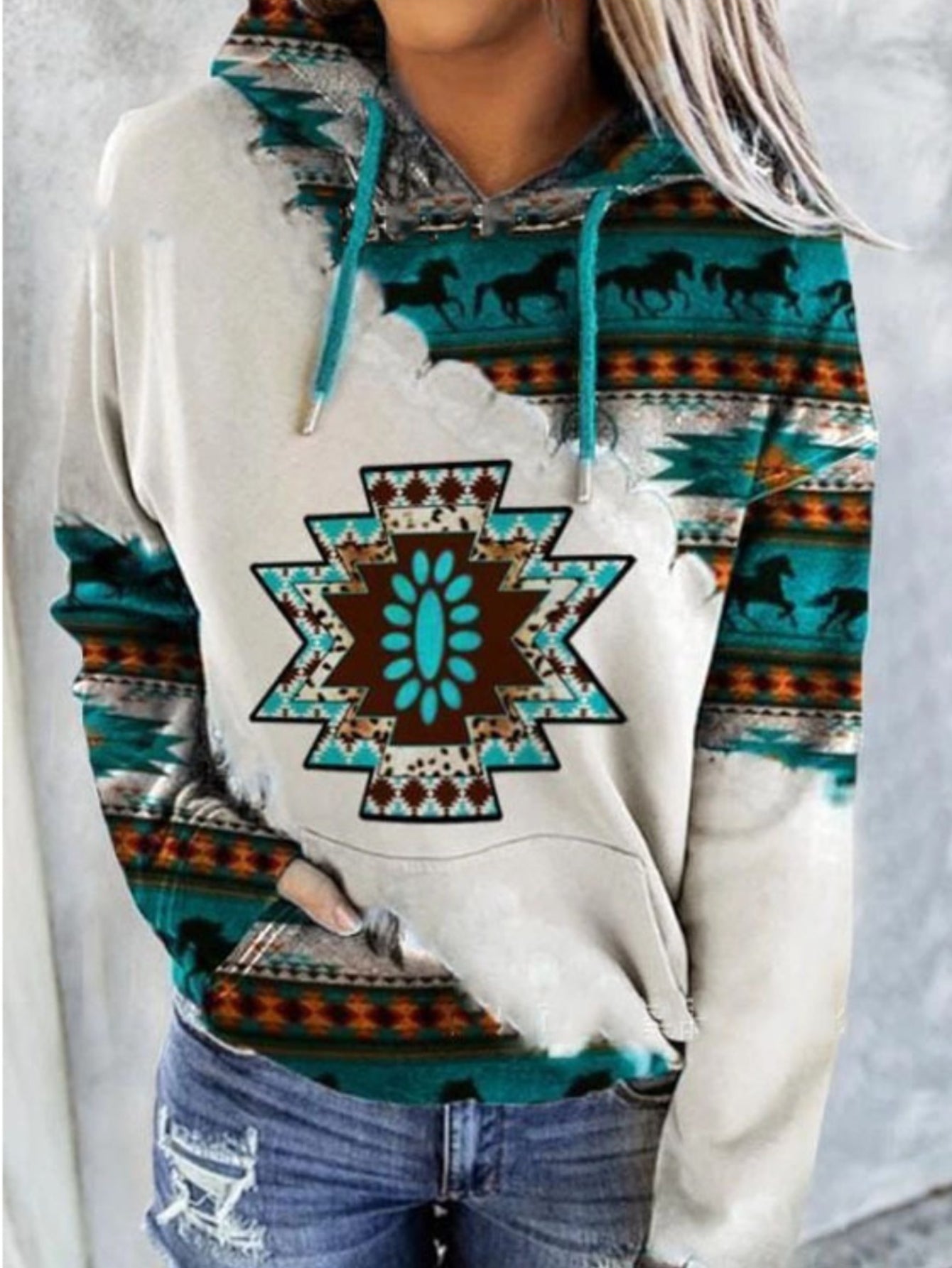 Aztec Geo Print Kangaroo Pocket Hoodie, Casual Long Sleeve Drawstring Hoodies Sweatshirt