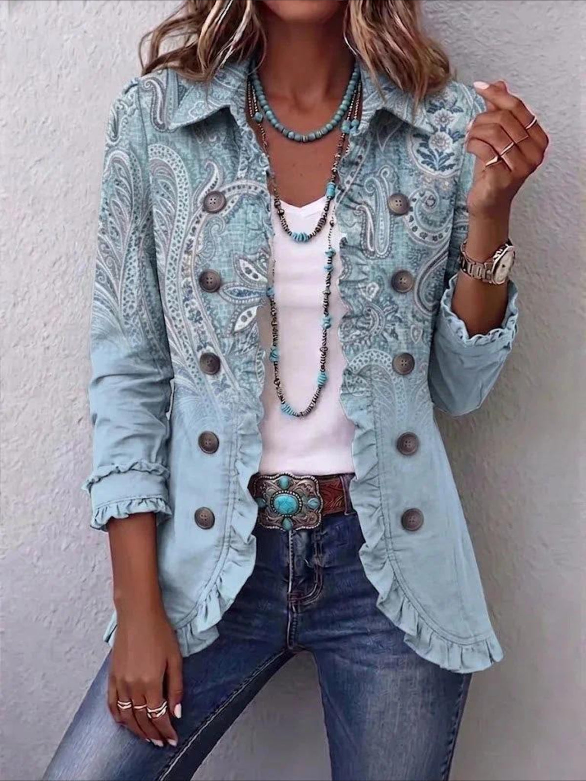 Western Style Pattern Print Long Sleeve Ruffle Edge Open Button Cardigan Coat