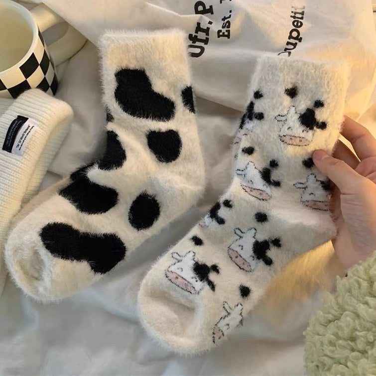 Cute Cow Spots Print Socks, Thickened & Warm Coral Fleece Socks