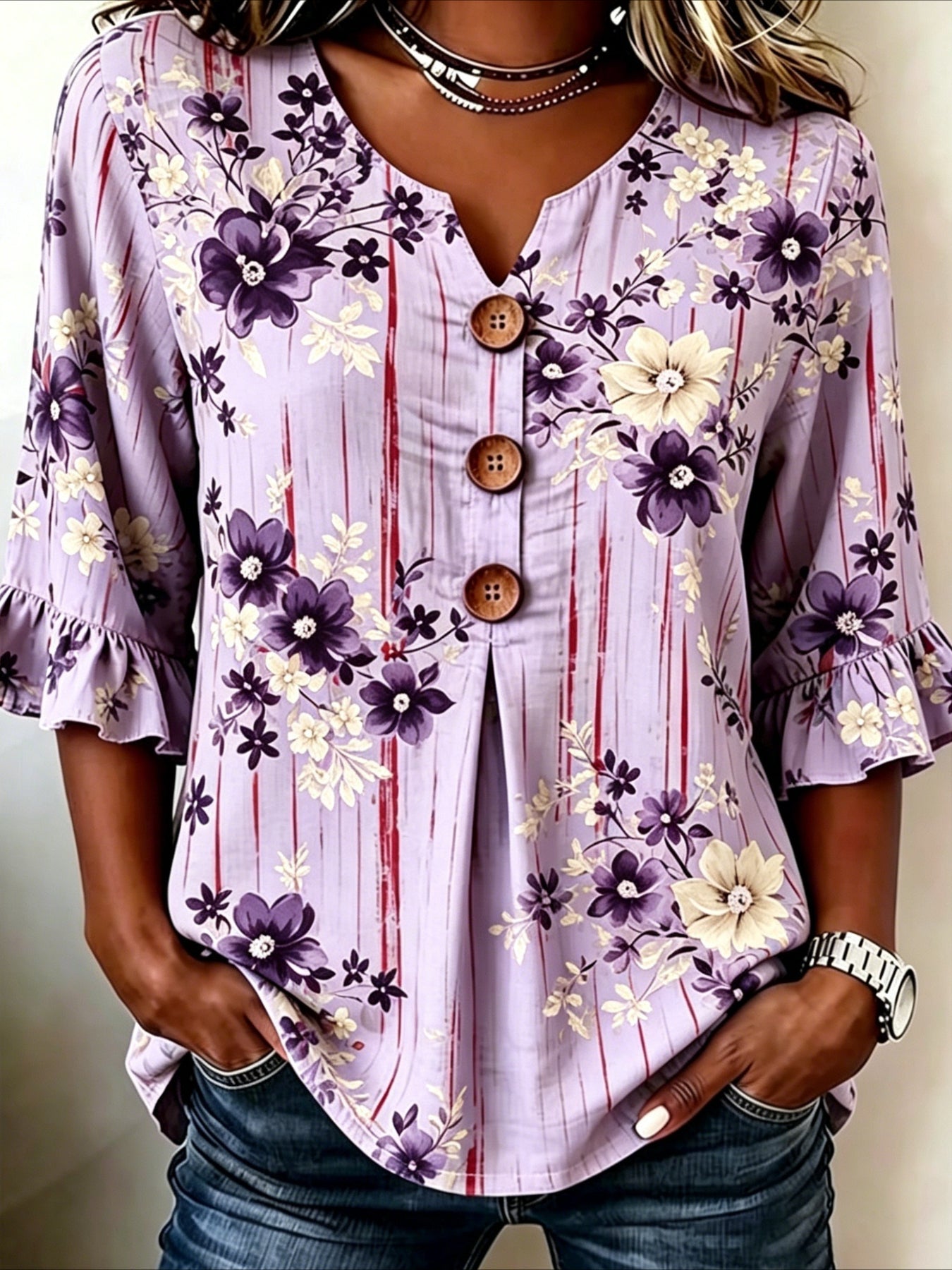 Flower Print V Neck Button Short Ruffle Sleeve Casual Top