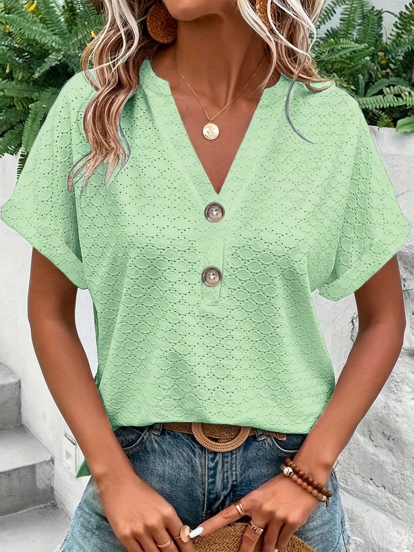 Solid Button Front V Neck T-Shirt, Casual Short Sleeve Top