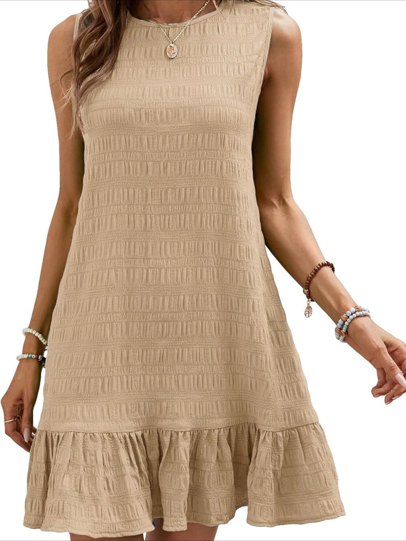 Women's Sleeveless Summer Dress with Ruffle Hem and Casual Crew Neck