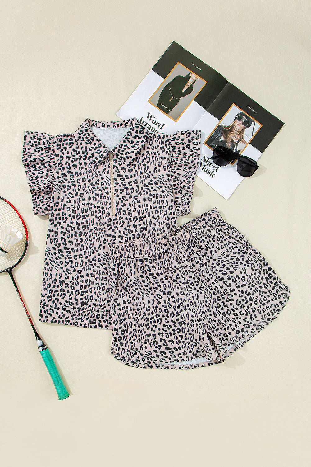 Brown Leopard Half Zipper Collared Ruffled Sleeve Top and Short Set