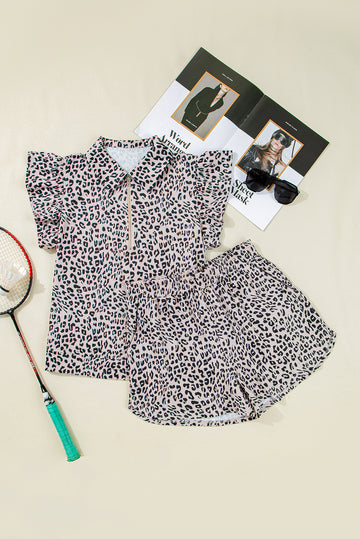 Brown Leopard Half Zipper Collared Ruffled Sleeve Top and Short Set