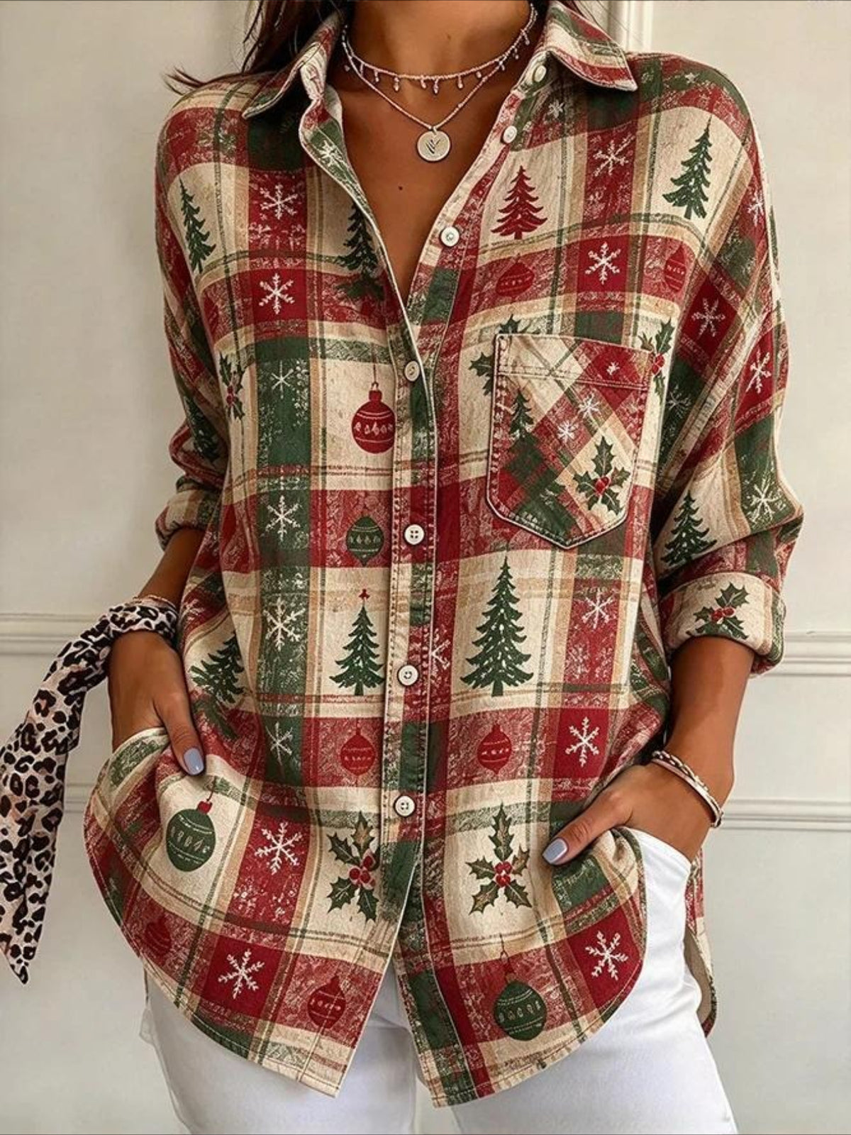 Christmas Snowflake & Tree Patterns Long Sleeve Plain Regular Micro-Elasticity Regular Fit Shirt