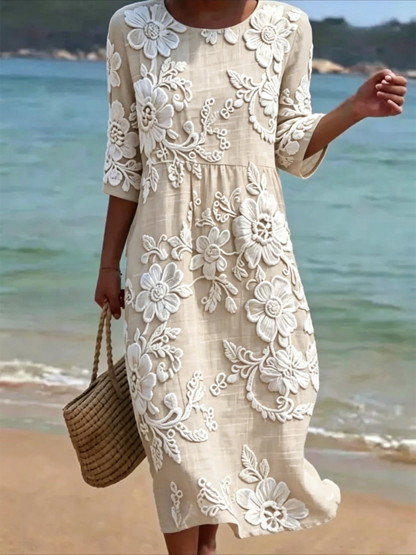 Flower Printed Casual Round Neck Mid Sleeve Dress