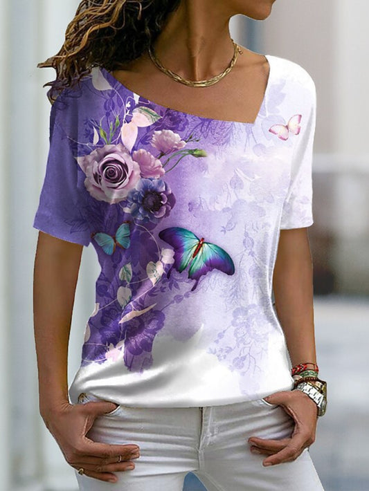 Floral Print Colorblock Crew Neck T-Shirt, Casual Short Sleeve Top