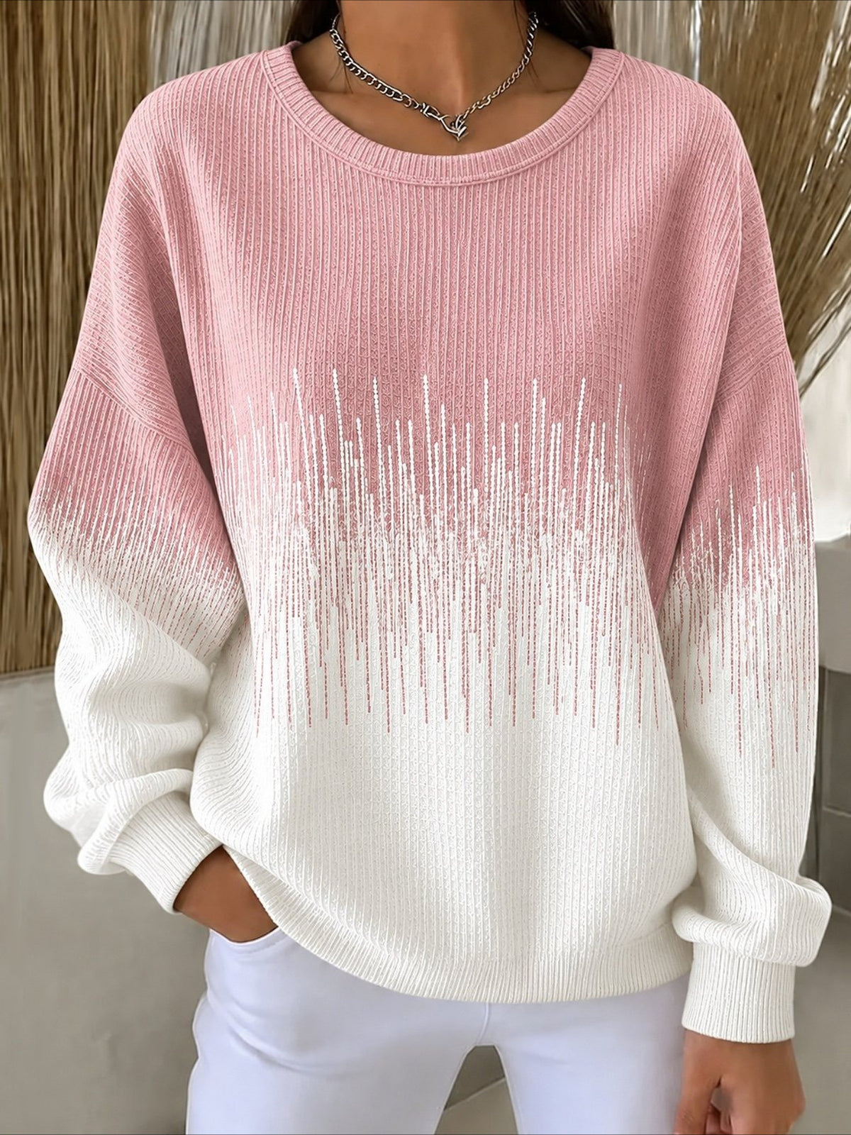 Gradien Casual Printing Loose Leaf Crew Neck Regular Fit Sweatshirt