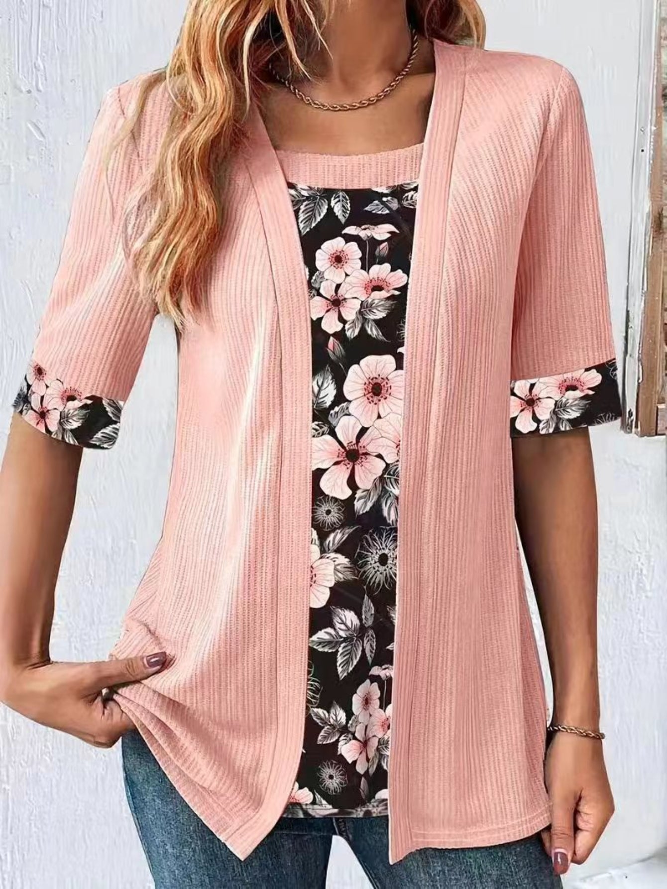 Ladies' Floral Print Fake Two Piece T-Shirt With Square Neckline