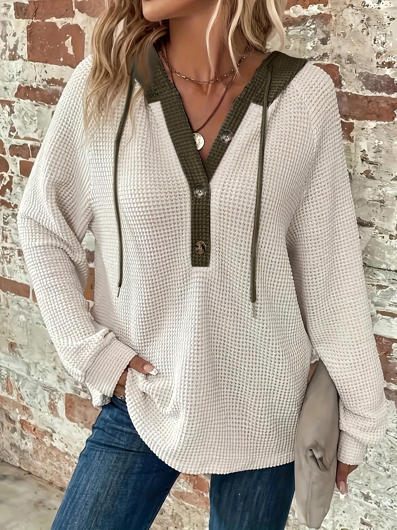 Casual Hoodie Sweatshirt | Women's Semi-Sheer, Solid Knit | Stretch Fit with Button Detail | Easy-Care